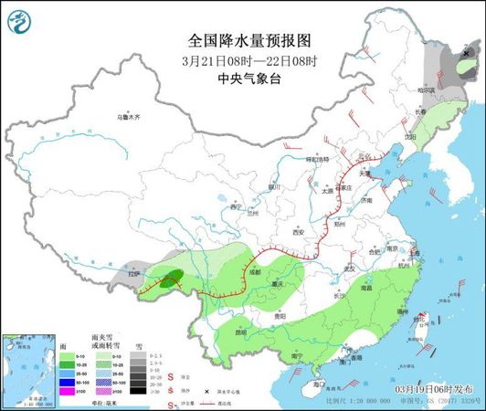 全国降水量预报图(3月21日8时-22日8时)